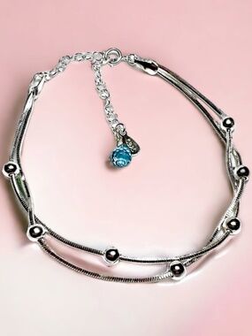 New Blue Topaz Sterling Silver Double Strand Bracelet, Adjustable Length